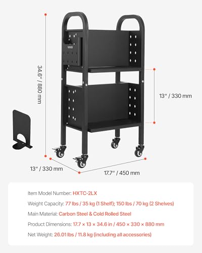 VEVOR Rolling Library Book Cart, 150 lbs Capacity, 17.7 x 13.0 x 34.6-Inch Library Cart, Double Sided L-Shaped Shelves with 2-Inch Lockable Wheels, Book Truck for Home Shelves Office and School, Black