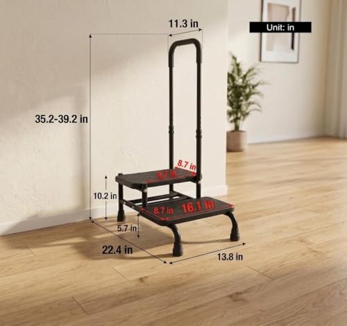5-Level Adjustable Step Stool with EVA Non-Slip Handle, Heavy Carbon Steel Frame 2 Step Bedside Stool, Blow Molded HDPE Platform with Rubber Grips, Supports 300 LBS for Elderly Adults High Bed Bathroo