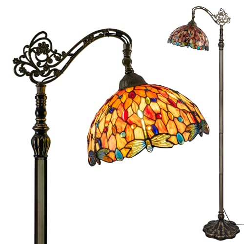 GILGGAK Tiffany Style Floor Lamp Orange Red Dragonfly Stained Glass Arched Lamp 12X18X70 Inches Gooseneck Adjustable Corner Standing Reading Light Decor Bedroom Living Room