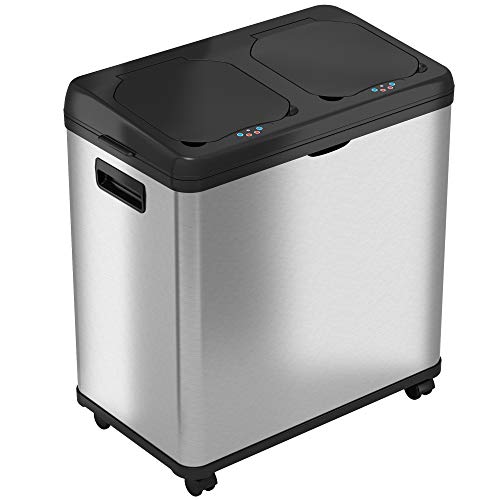 iTouchless 16 Gallon Stainless Steel Dual Compartment Sensor Kitchen Trash Can and Recycle Bin with Wheels – 60L Rectangular Garbage Can with Touchless Motion Sensor Lid & Removable Inner Buckets