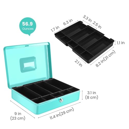 Flexzion Small Cash Box with Money Tray and Lock, 11.4-Inch, Blue