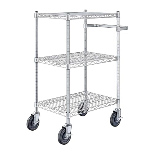 18" x 29 3/4" x 39" Commercial NSF Chrome 3 Shelf Wire Utility Cart with U-Shaped Handle – Heavy-Duty Serving Rolling Metal Cart with Casters, Mobile Storage Cart for Warehouse, Office, Kitchen