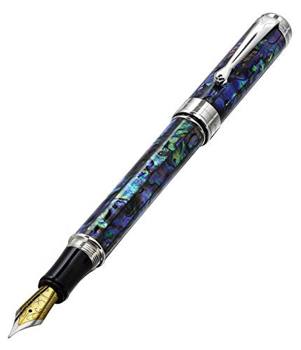 Xezo Maestro Fountain Pen, Fine Nib. Natural Abalone Sea Shell with Pure Platinum Plating. Handcrafted, Limited Edition, Serialized