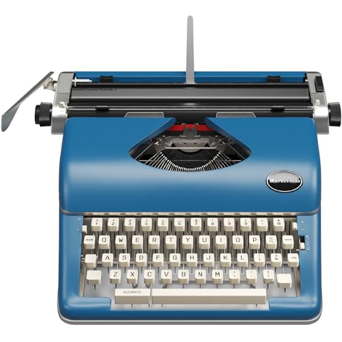 Maplefield Vintage Manual Typewriter - Tactile Typewriter Keyboard - Blue Accent for Office Desk Decor - Portable Typing Machine - Blue