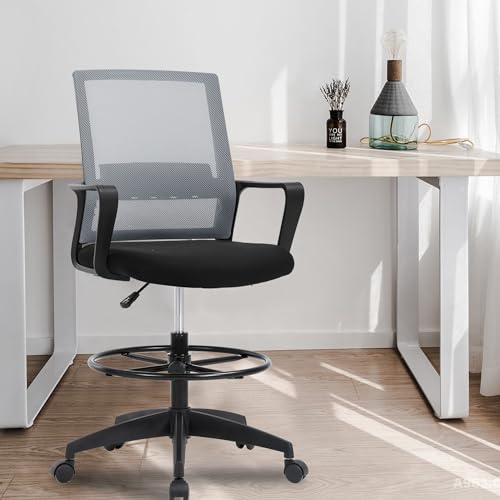 PayLessHere | Drafting Chair | Grey | Tall Office Chair with Adjustable Seat Height & Footrest, Ergonomic Mesh Back, Lumbar Support, 360 Degree Swivel Rolling Wheels | for Workspaces & Home Office