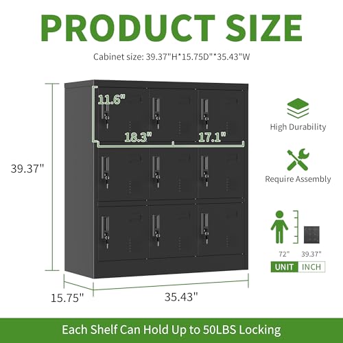 Yukimo 9 Doors Metal Lockers for Employees, Steel Storage Locker with Lock and Card Slot, Employee Lockers for Home, Office, School, Gym, Require Assembly(Black)