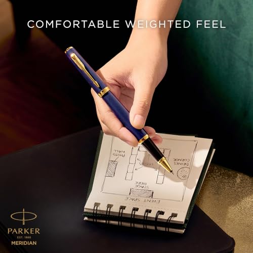 PARKER Meridian Rollerball Pen | Blue Lacquer with Gold Trims | Fine Nib | Handwriting Pens & Stationery Supplies | Black Ink | Luxury Gift Box