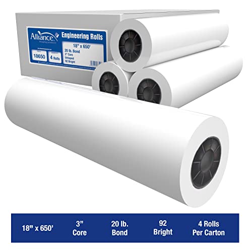 Alliance Wide Format Paper Rolls, 20lb with 3" Core (18 In x 650 Ft | 3" Core, 20lb | 4 Rolls)
