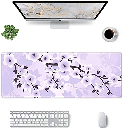 Floral Cherry Blossoms Gaming Mouse Pad XL Extended Large Mouse Mat Desk Pad Stitched Edges Mousepad Long Non-Slip Rubber Base Mice Pad 31.5 X 11.8 Inch Purple