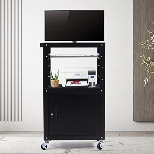 Steel Large AV Cart with Extra Storage, Adjustable Height Steel Large Media Presentation Cart Rolling Metal Storage Stand with Locking Cabinet, Pullout Tray, Power Strip