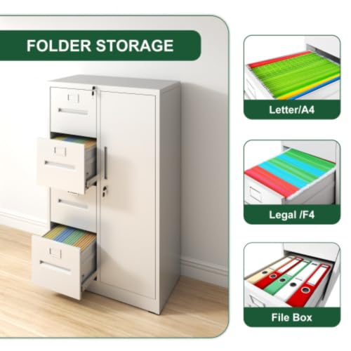Daklpiw 4 Drawer File Cabinet with Lock & 1 Door, Metal Storage Unit with Shelves and Hanging Rod, Vertical Filing Cabinet for Home Office, Fits Letter/Legal/A4/F4, Easy Assembly (White)