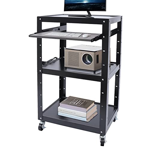 AV Cart on Wheels, Cold Rolled Steel Utility Carts, Height Adjustable with Top Shelf, Pullout Keyboard Tray and Power Strip, Rolling Standing Desk Stand Up Desk, Home Office Standing Desk