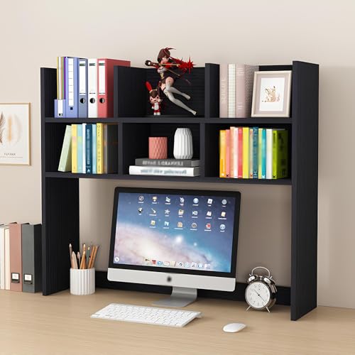 CATOPAT Wooden Desk Hutch Organizer with Large Storage Space for College Dorm Home Office Supplies Black White Computer Desktop Accessories,Black-Small