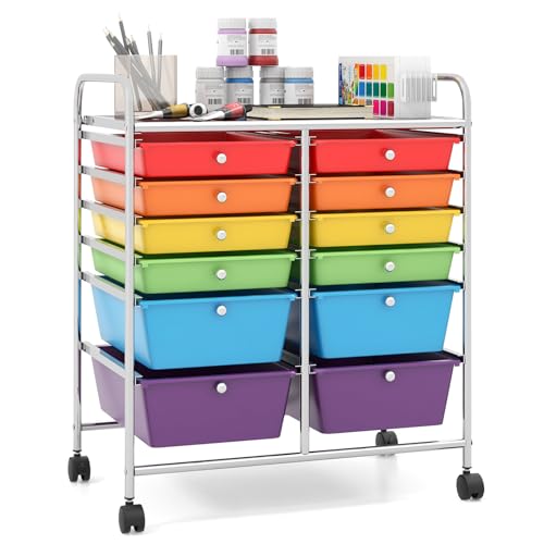 Giantex 12-Drawer Rolling Storage Cart, Multipurpose Movable Organizer Cart, Utility Cart for Home, Office, School (Multicolor)