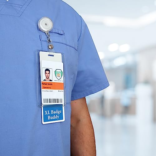 Bulk 20 Pack - Hablo Español Badge Buddy - Vertical Bilingual ID Backer for Spanish Speaking Staff - Heavy Duty Double Sided XL Badge Identifier for Retail, Hospital & Warehouse (Blue)