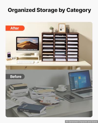 VEVOR Wood Literature Organizer 24 Compartments Office Mailboxes Brown | Countertop Literature Sorter for Files Documents Papers, with Adjustable Shelves, for Office, Home, Classroom Organization