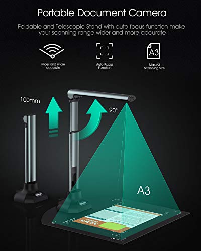 12MP USB Document Camera for Teachers Laptop A3/A4 Size Portable Book Scanner with Extension Stand OCR Zoom Paint Tool