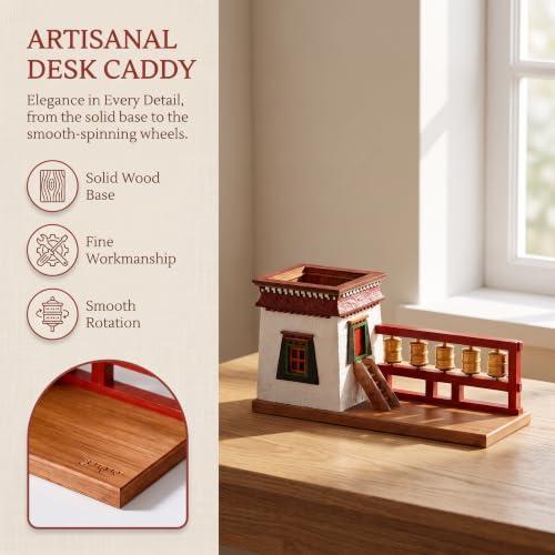 JYSWDZ Handmade Wooden Desktop Pen Holder, Tibetan Architecture Pen Holder, With Rotatable Prayer Wheels, Ethnic Decor Pencil Pot, Solid Wood Painted Creative Ornaments, For Holiday Gifts White