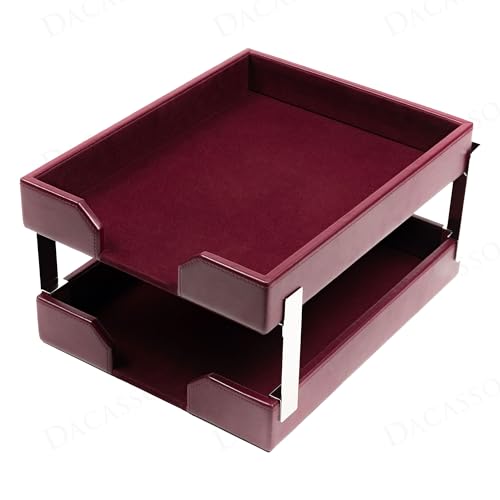 Dacasso Burgundy Bonded Leather Front-Load Double Letter Tray Set w/Silver Stacking Posts - Luxury Executive Décor and Office Essential - Desk Surface Protector
