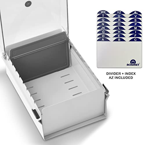 Acrimet 3 x 5 Card File Holder Organizer Box Metal Base Heavy Duty (AZ Index Cards and Divider Included) (White Color with Clear Crystal Plastic Lid Cover)