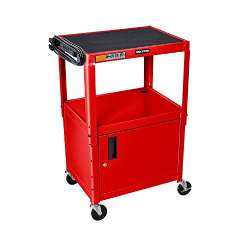 LUXOR AVJ42C-RD Steel AV Cart with Adjustable Height and Storage Cabinet, Multipurpose Utility Cart, 24" to 42" Height, 3 Outlet Electrical Assembly, Red