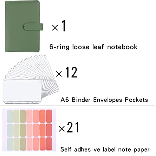 ONMYJFD A6 PU Leather Notebook Binder Folder Planner Personal Budget Cash Envelopes System with 12 Binder Zipper Pockets,Label Stickers(Black)