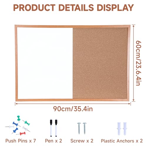 Magnetic Dry Erase Cork Board Combo, Wall Mounted Whiteboard and Bulletin Board Set, Wooden Frame Vision Board with Markers and Push Pins for Organization and Planning Displays (60x90cm)