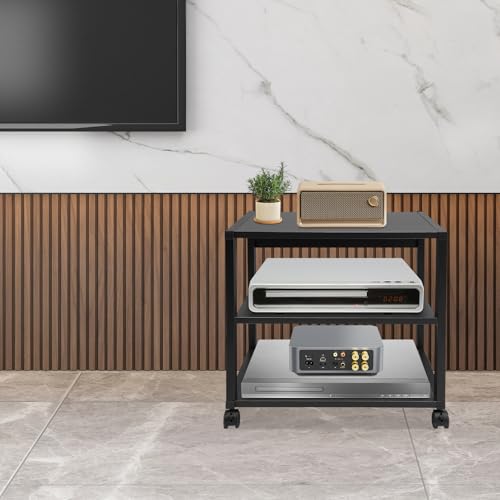 Eleeferri 3-Tier AV Media Stand on Wheels, Stereo Equipment Rack with Lockable Casters & Open Shelves, Heavy Duty 88LBS Capacity for Home Studio Recording Room, Black