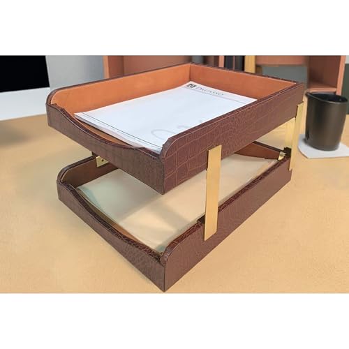 Dacasso Crocodile Embossed Leather Double Letter Trays, Brown (A2020)