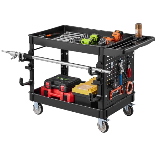 VEVOR Utility Cart with Tray & Pegboard, 44.8 x 24in 2 Tier Service Cart with 360° Swivel & Fixed Wheels (2 Brakes), 550 LBS Work Cart Tub Storage W/Deep Shelves, Tool Storage for Garage Warehouse