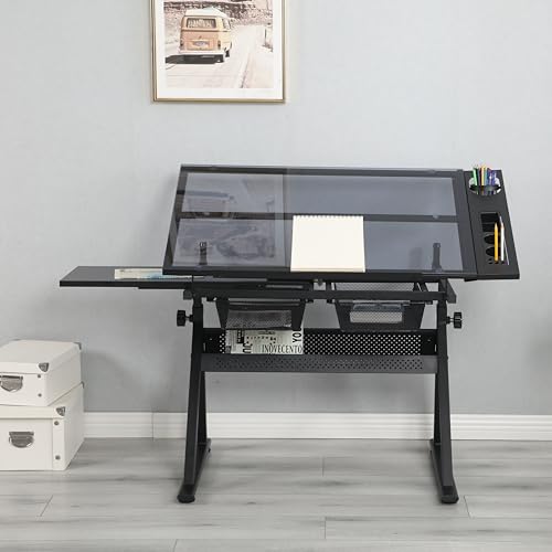 GDFStudio Height & Angle Adjustable Drafting Table with Stool, Tempered Glass Art Craft Desk with 2 Metal Storage Drawers, Diamond Painting Drawing Table Workstation for Home Office Studio, Black