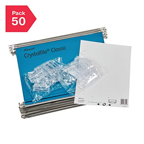 Rexel Foolscap Suspension Files with Tabs and Inserts for Filing Cabinets, 15 mm V Base, 100 Percent Recycled Manilla, Blue, Crystalfile Classic, Pack of 50, 78143