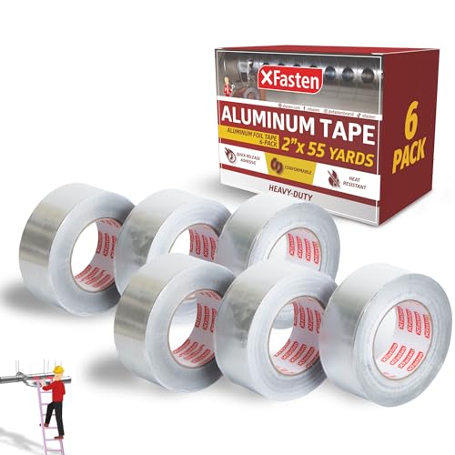 XFasten Aluminum Foil Tape for Ductwork 2 Inch x 55 Yard 6-Pack 3.6mil Aluminum Tape for Ductwork Heavy Duty Dryer Vent Tape Foil and Seal HVAC Tape for Ducts, HVAC Duct Tape, Silver