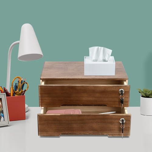Kaichenyt Wooden Desk Organizer 2 Tier Solid Color Flat File Cabinet with Drawers & Lock & 4 Keys Modern Lockable Desktop Organizing Unit for Home Office Supplies File (Walnut)