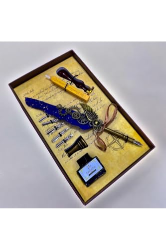 SODEF Vintage Calligraphy Pen and Wax Seal Stamp Set with Ink, Metal Divit Pen with 5 Nibs, Desk Decor - Blue