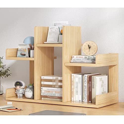 VHDY85KA Bookcase Desktop Shelf Wood Desktop Bookshelf Office Desk Shelf Rack Display Stand Shelf Storage Organizer for Bedroom Bathroom Kitchen Dorm Decor, Log Color Modern