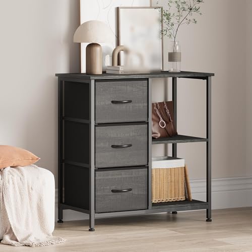 LALFPET Modern 3-Drawer Fabric File Cabinet with Printer Stand – 2 Open Storage Shelves – Under Desk Organizer for Home Office or Bedroom – Sturdy Steel Frame – Black