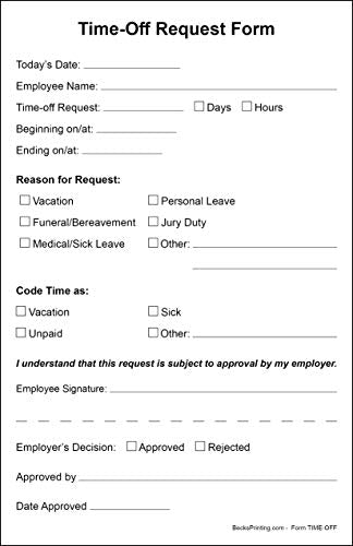 Becks Printing Employee Time Off Request Forms on 2 Part Carbonless Paper (Pack of 250)