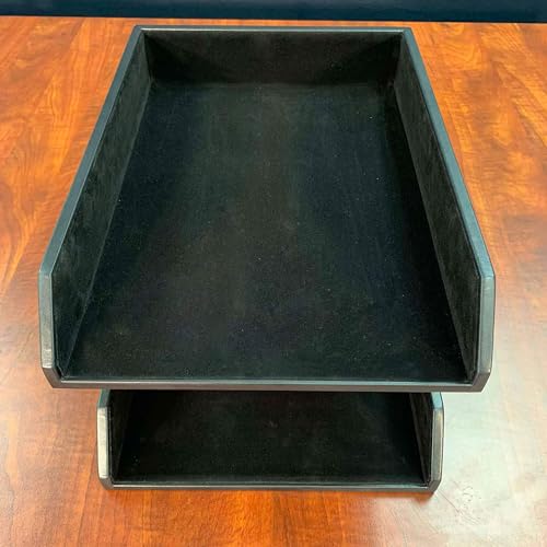 DACASSO Classic Black Leather Double Legal Letter Tray Stacking Set w/Gold Posts - Luxury Executive Decor and Office Essential - Desk Surface Protector