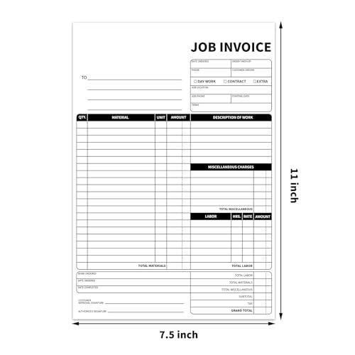4 Pack Carbonless Job Invoice Forms,7.5 x 11 inches Receipt Book for Small Business,Sales Order Book with Backing Board, 2-Part with Carbon Copy, 50 Sets per Book