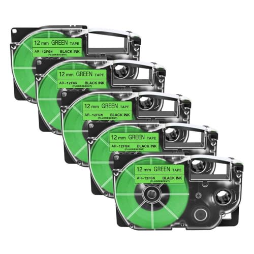 WYLLIYUS 5PK XR-12X XR-12WE Labels Compatible with 9mm 12mm 18mm 24mm Tape Label Cartridges for KL-130 KL-120 430 Label Maker Printers(5PK Black on FluoGN)