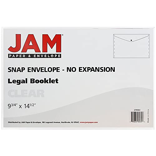 JAM PAPER Plastic Envelopes with Snap Closure - Legal Booklet - 9 3/4 x 14 1/2 - Clear - 12/Pack
