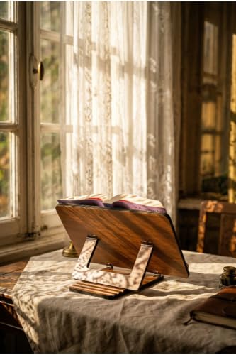 Adjustable Wooden Book Stand for Reading and Quran, 4-Level Tilt Mechanism, Ergonomic Desktop Rahle Holder for Tablets and Books, Durable MDF Construction, Appropriate for Study and Home Office