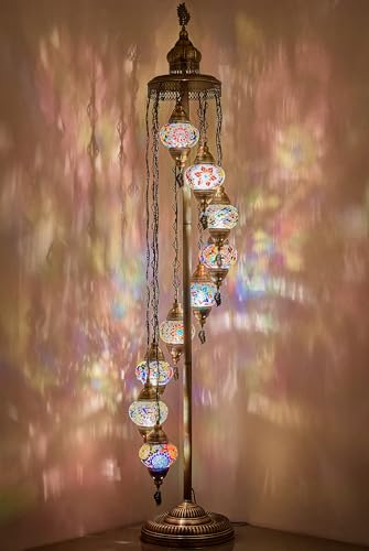 DEMMEX Turkish Moroccan Mosaic Floor Lamp, 9 Globes, 6ft Tall – Tiffany Style Standing Lamp with Handmade Mosaic Globes for Bedroom, Living Room, Entryway, Customizable