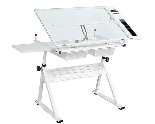 Dancongtea White Adjustable Glass Drafting Table with Chair for Artists