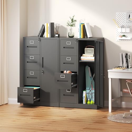 EKJ 4 Drawer File Cabinet with Lock & 1 Door, Metal Storage Unit with Shelves and Hanging Rod, Vertical Filing Cabinet for Home Office, Fits Letter/Legal/A4/F4, Easy Assembly (Black)