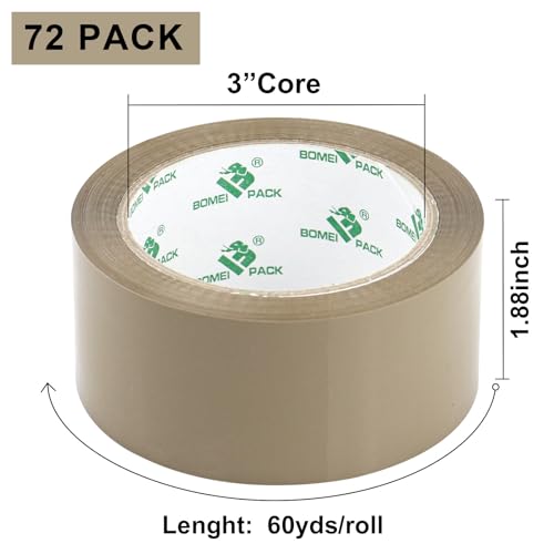 BOMEI PACK 72Rolls Brown Packing Tape with Dispenser, Bulk Box Packing Tape Rolls for Packaging, Shipping and Moving, 2.4Mil 1.88 Inch x 60 Yard