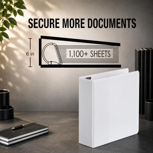 4 Pack 6 Inch 3 Ring Binder, Locking D-Ring, Holds 1100+ Sheets, White