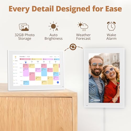 Dragon Touch 14 Inch Digital Calendar Wall - 1920 x 1080 FHD Electronic Wall Calendar Family Planner with 32GB Memory and Wall Mount, Touchscreen Intelligent Desk Calendar, White