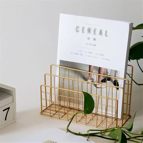 File Rack 3 Grid Metal Minimalist Storage Basket Office Desktop Sundries Holder Rack Magazine Letter Trays(Gold)